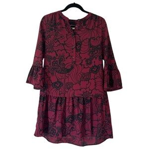 LOFT Dress Burgundy Red Paisley Floral Drop Waist Bell Sleeves Mini Size XS